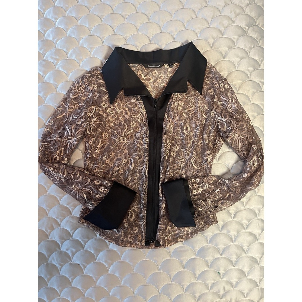 Samuel Dong Y2K Dressy Blouse-Mesh Lace Gold Satin Collar & Cuffs Zip Up Sm